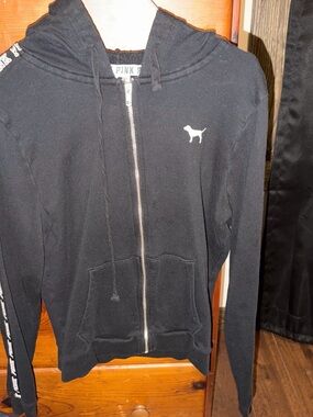 Victoria's Secret PINK Black Hoodie with White Logo Tape